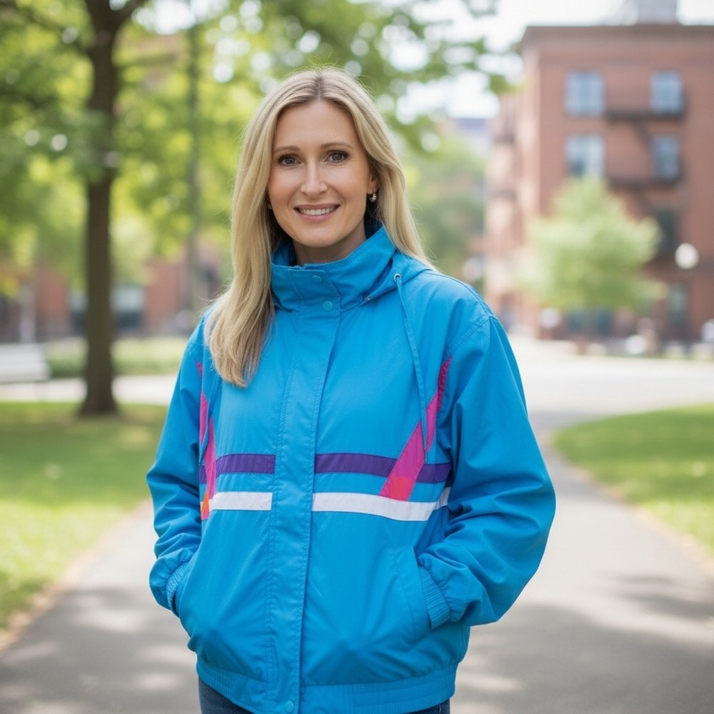 Vintage Current Seen‎ Women 16W Windbreaker Jacket Blue Geometric Colorblock 90s